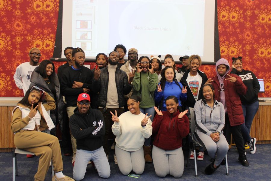 Wednesday, Feb. 1 in University Center East 2207. Photo by Bryce West | The Shield Members of the Black Student Union have fun during one of their weekly meetings Wednesday, Feb. 1 in University Center East 2207. (Photo by Bryce West)