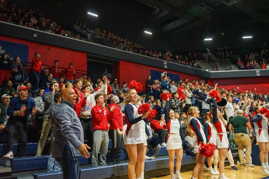 President Ronald Rochon and the Screaming Eagles stand on their feet after Morehead State calls a timeout Feb. 4 in the Screaming Eagles Arena. (Photo by Quinton Watt)