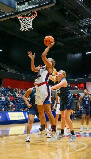 Hannah Haithcock, senior forward, shoots for two against Oakland City University Nov. 7 in the Screaming Eagles Arena.