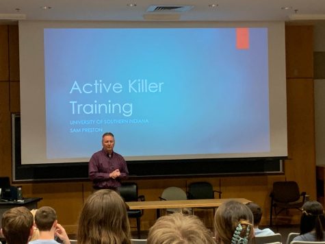Sam Preston, assistant director of Public Safety, gives a presentation at the Active Shooter Training Town Hall in Kleymeyer Hall March 1. (Photo by Anthony Rawley)
