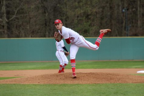 Will Kiesel, freshman pitcher, throws a pitch Thursday in the game against Southeast Missouri State University at the USI Baseball Field.