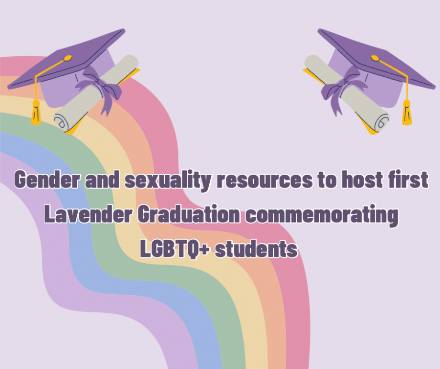 Gender and sexuality resources will host the universitys first Lavender Graduation to commemorate LGBTQ+ students in the Griffin Center 6 p.m. April 27. (Graphic by Alyssa DeWig)