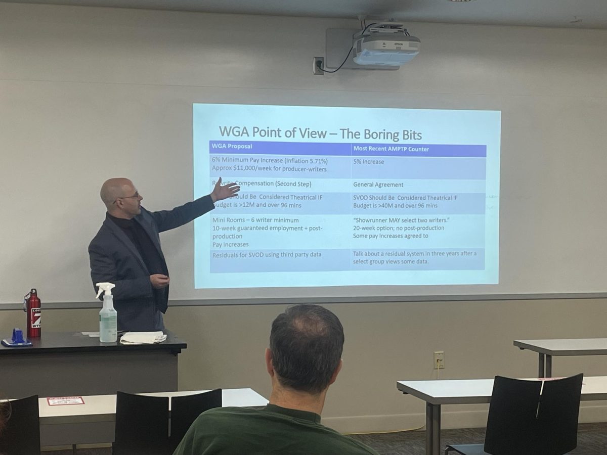 James Hunter, instructor of English, presents a slide for the Cold Cuts, Hot Takes: The Writers & Actors Strike presentation. The slide included the demands of the Writers Guild of America and the major studios Wednesday in the Robert D. Orr Center.