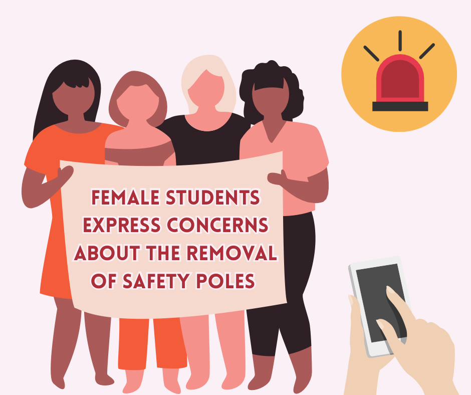 Female+students+express+concerns+regarding+the+removal+of+safety+poles+on+campus.
