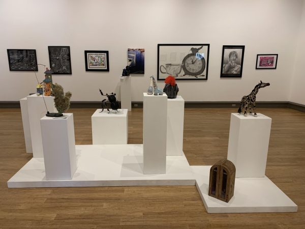 Student art exhibitions on display for the 54th Annual Juried Student Art Exhibition on the lower floor of the Liberal Arts Center. The exhibition is open 10-4 p.m. Monday through Friday and 1-4 p.m. Sundays.