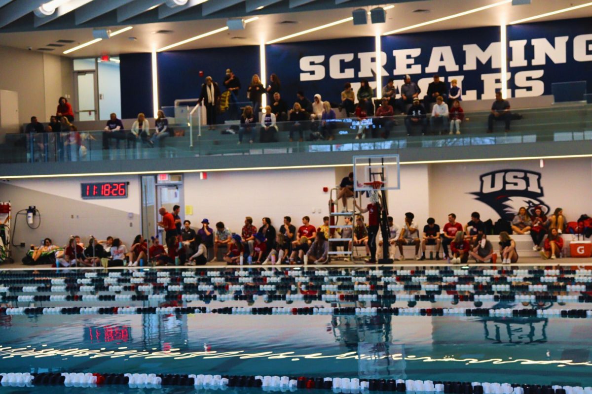Spectators+sit+beside+the+pool+Saturday+at+the+diving-only+competition+against+the+University+of+Evansville+in+the+Aquatic+Center.+%28Photo+by+Will+Kessinger%29