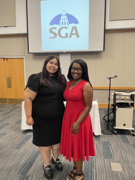 Adrianna Garcia, 2023-2024 Student Government Association president, smiles with Tamia Smith, 2024-2025 Student Government Association president, Thursday in Carter Hall.