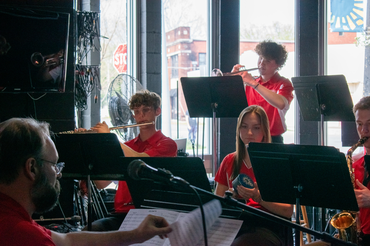 The jazz band plays “Oye Como Va” by Tito Puente at the Jazz Band concert Sunday at Bokeh Lounge.