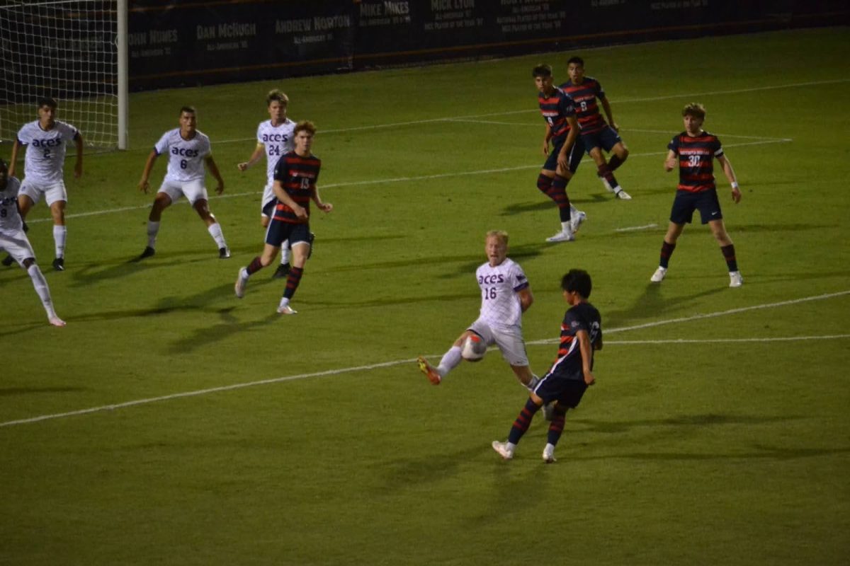 The Screaming Eagles attempt to kick the ball into the opponent's box for an attacking opportunity Sunday at McCutchan Stadium. (Photo by Alex Mendoza)
