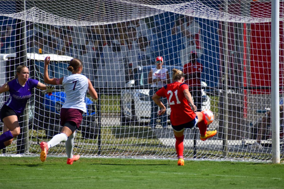 Greta Ohlwein, sophomore forward, beats a Bellarmine University defender to the goal and scores for the Screaming Eagles Sunday at Strassweg Field. (Photo by Grace Michell)
