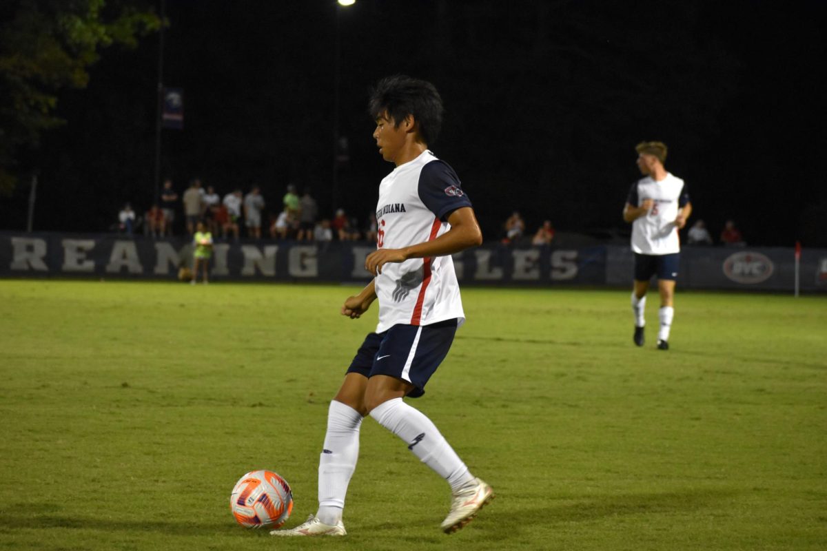 Ahiro Nakamae, freshman midfielder, possesses the ball, moving it up the pitch Saturday at Strassweg Field. (Photo by Grace Michell)