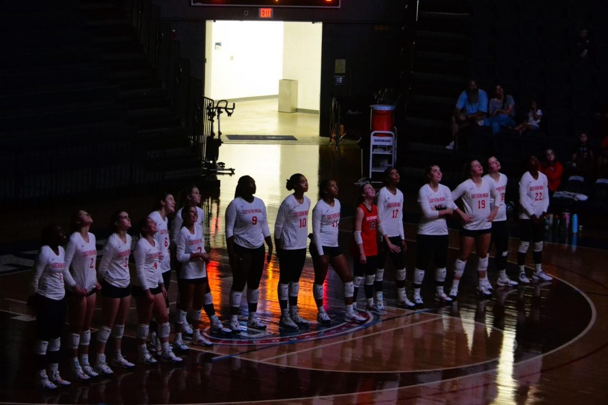 The Screaming Eagles line up during pre-match introductions for the game against UT Martin Oct. 1 in the Screaming Eagles Arena. (Photo by Alex Mendoza)
