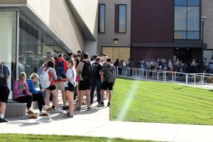 Students wait in line to sign in to Rock’N Registration Tuesday outside the Recreation, Fitness and Wellness Center.