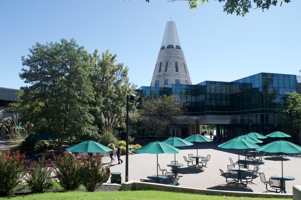 Students walk past The Cone Wednesday. The presidential search begins for the fifth president and the 2025-2026 school year. An email was sent to students and alumni to gather feedback on what USI needs in a president. The survey will remain open until midnight Sunday. 