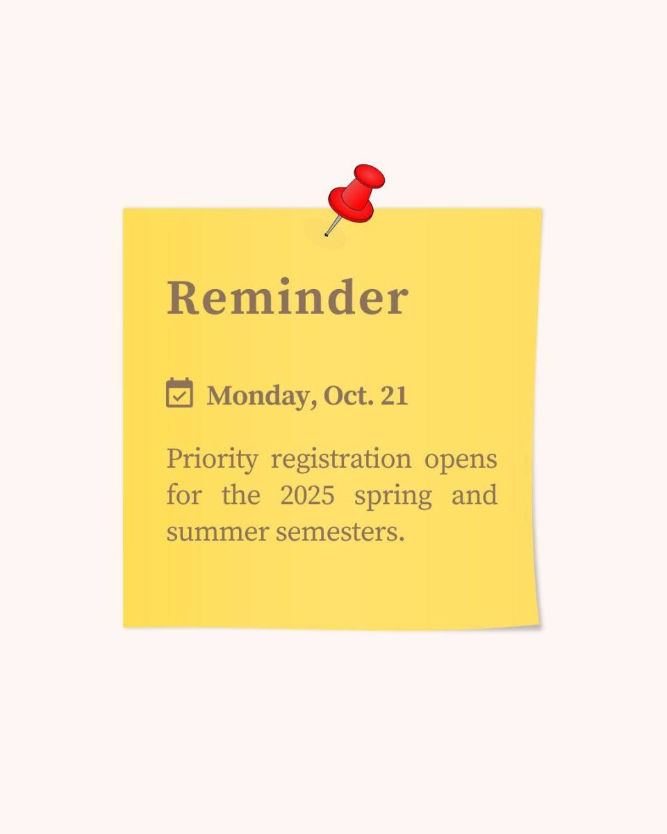 Priority registration starts Monday and will be open until Oct. 25 for the 2025 spring and summer semesters. Students are encouraged to meet with an academic adviser before enrolling in classes. Open Registration begins Oct. 26 and will be open until Jan. 10. 
