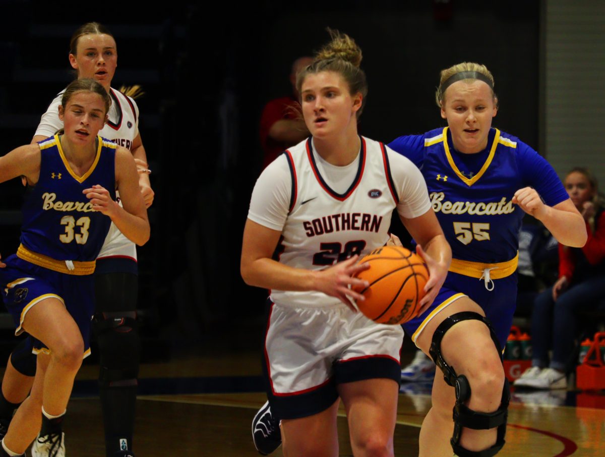 Vanessa Shafford, senior guard, pushes the ball up the court for a fast break opportunity Nov. 4 at Liberty Arena. (Photo by Will Kessinger) 
