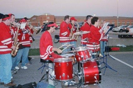 The USI Pep Band practices outside the Roberts Stadium, 2004. 