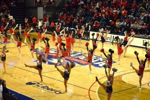 The USI dance and cheer teams perform routines during halftime of a men’s basketball game against Bucknell Nov. 11 at Liberty Arena. (Photo by Alex Mendoza)
