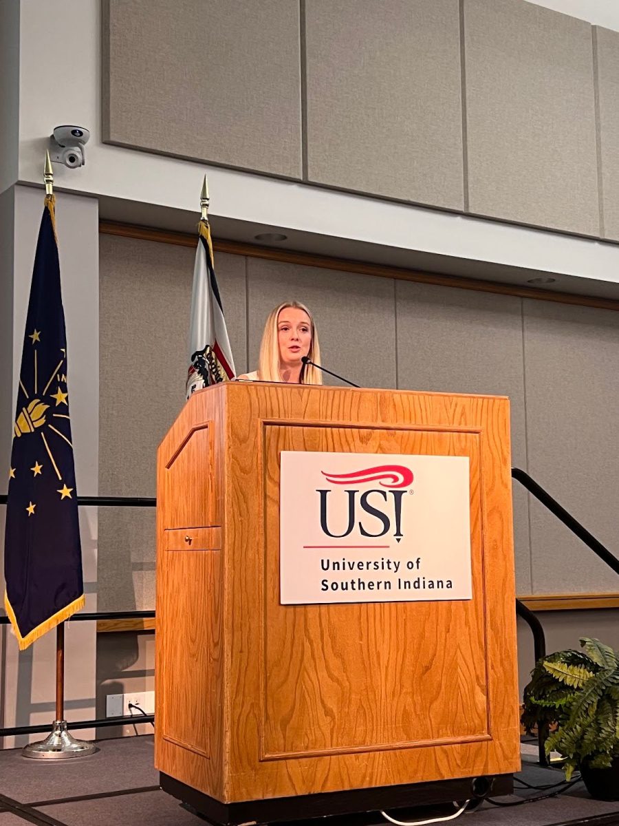 Kaylee Johnson presents “Behind the Screens: The Strategy, Wins and Chaos of Managing USI’s Socials” Thursday in Carter Hall. (Photo by Cade Smithson)