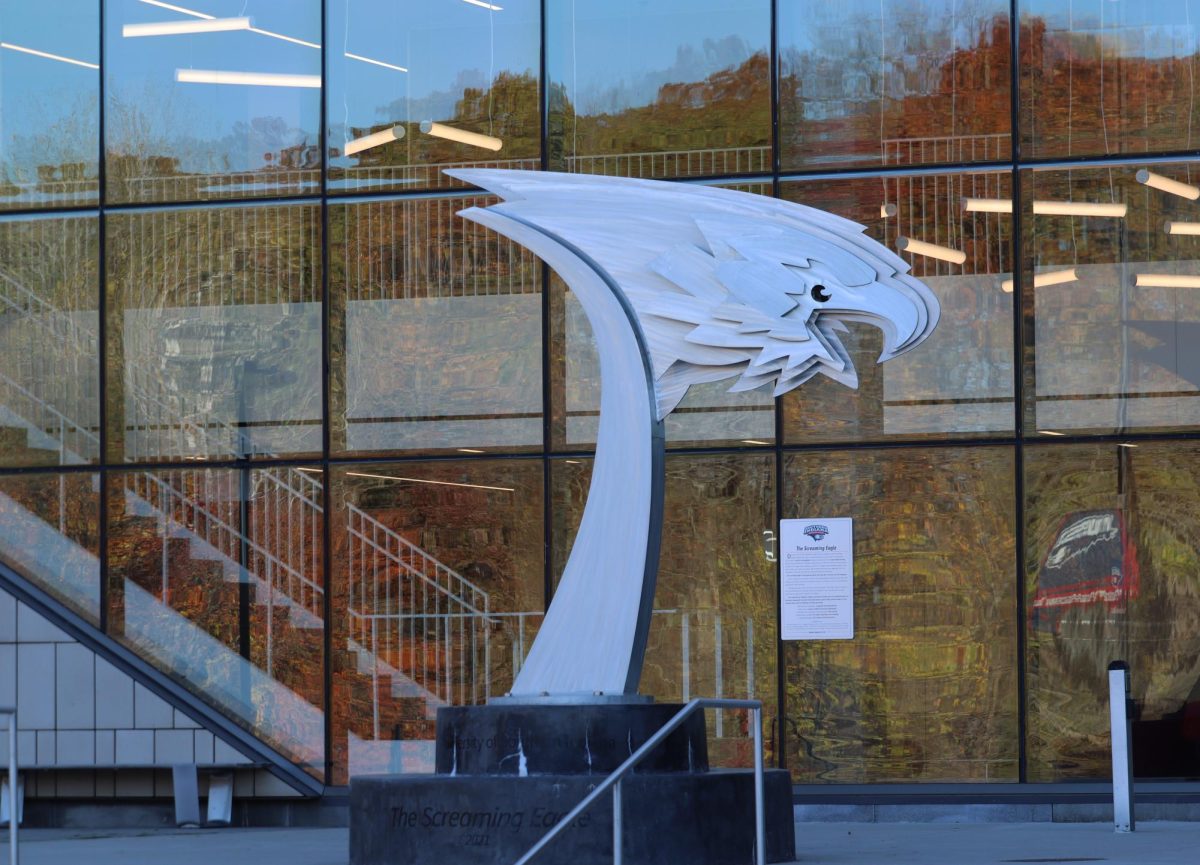 The Screaming Eagle statue stands in front of the Screaming Eagles Complex, a fixture at the University of Southern Indiana since 2021. (Photo by Will Kessinger)
