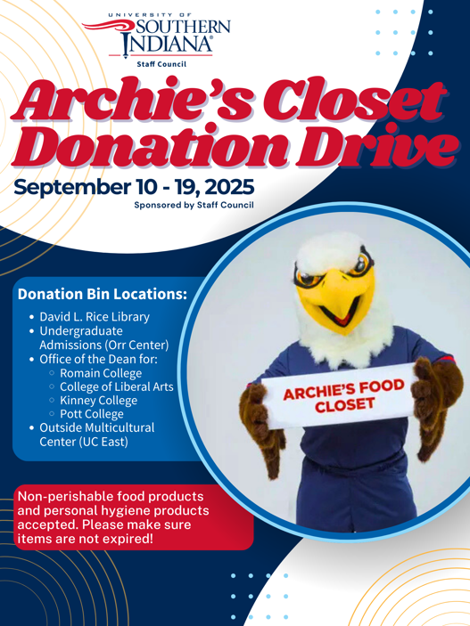 A graphic shows different locations where donation bins can be found across campus. (Graphic courtesy USI Staff Council)