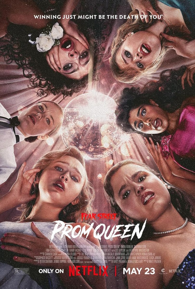 Part of the cast of “Fear Street: Prom Queen” (2025) looks down at the viewer.