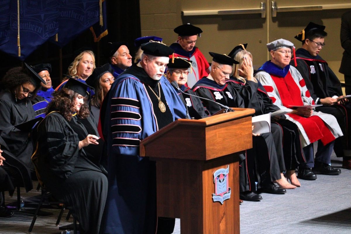 President Steven Bridges gives his inaugural address after the investiture section of the inauguration Thursday, Oct. 16, in the Liberty Arena.  