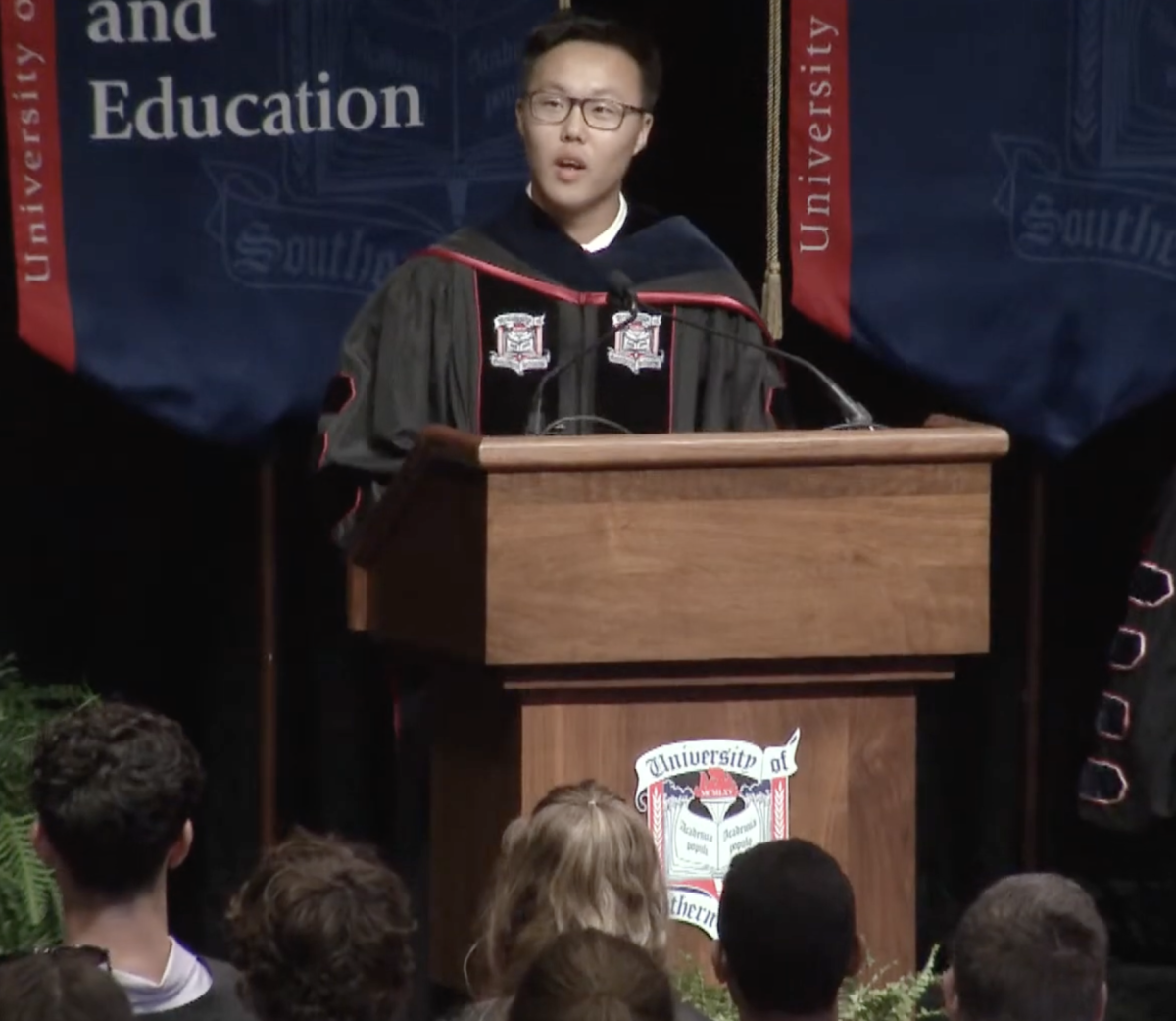 Michael Solliday delivers a speech at the New Student Convocation in the Liberty Arena Thursday, Aug. 14. (Photo courtesy of Michael Solliday)