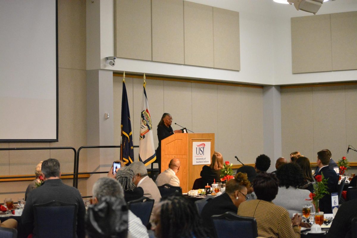 Keynote Speaker, Sheila Huff, addresses the crowd for the 31st annual Martin Luther King Jr. Memorial Luncheon Monday, Jan. 19, in Carter Hall. 