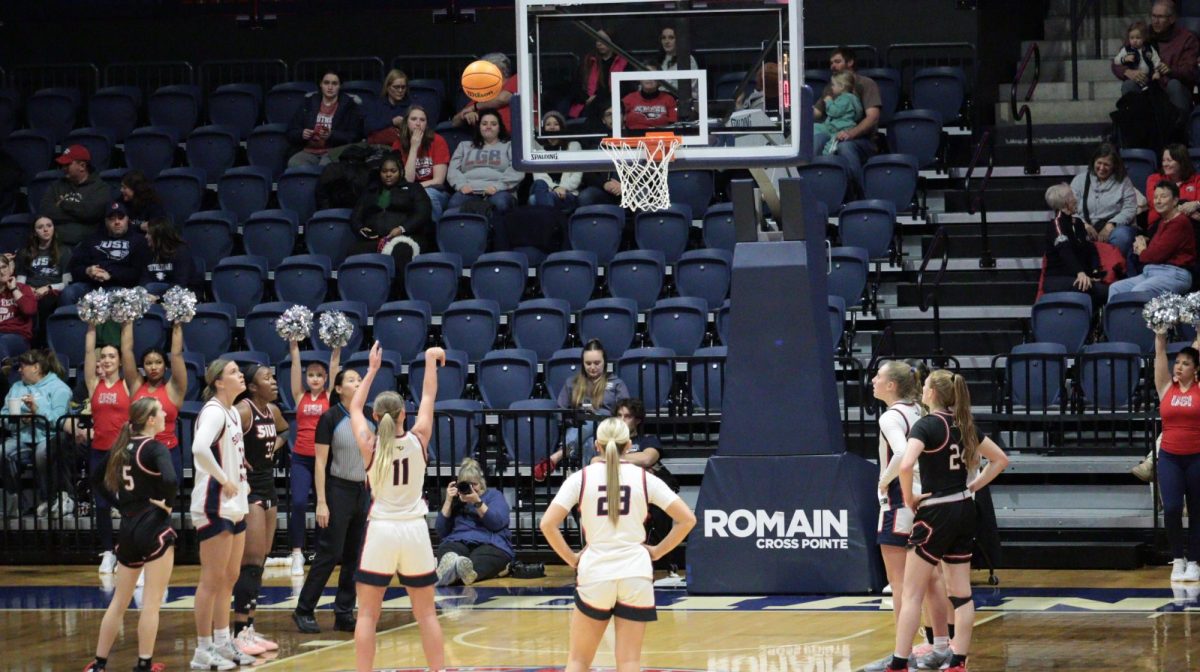Ali Saunders, senior guard, shoots a free throw after being fouled by Southern Illinois University Edwardsville Saturday, Jan. 31, at Liberty Arena. (Photo by Anderson Schmidt)
