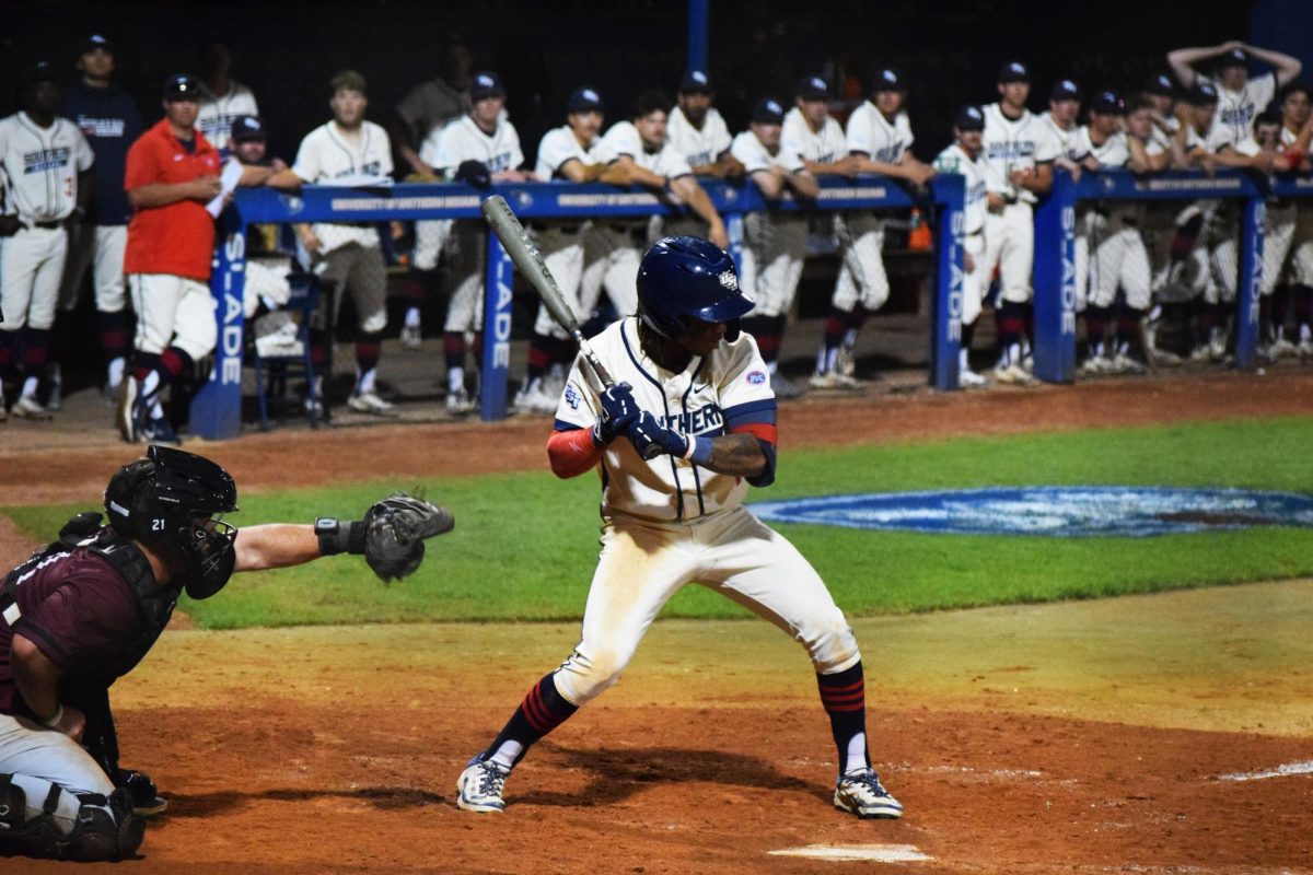 Khi Holiday, senior outfielder, squares up for a pitch at the plate during a baseball game against Bellarmine University Wednesday Apr. 23, 2025 at USI Baseball Field. (Photo by Will Kessinger) 