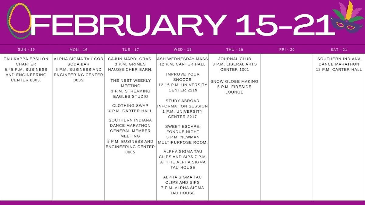 Campus events will be held almost every day of the third week of Febuary. (Graphic by Katie Hurst)