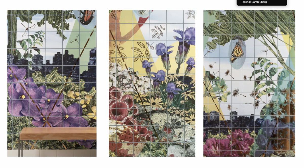 Sarah G. Sharp presents some of her artworks from “And the Thorns Were Cleared from the Path,” which combine regional photos from New Harmony with embroidery, in a Zoom Artist Talk Friday, Feb. 13.