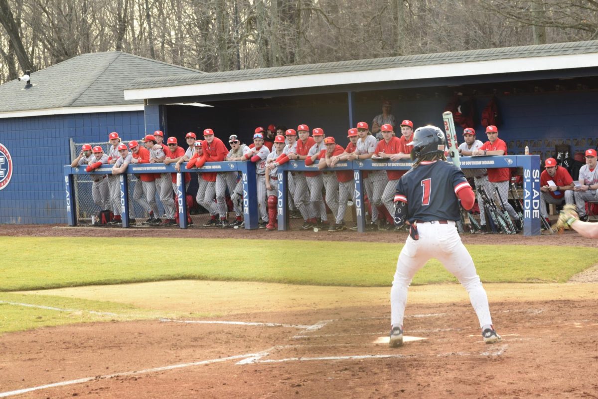 Khi Holiday, graduate student outfielder, steps up to the plate during the game against Illinois State University Tuesday, March 3, at USI Baseball Field. (Photo by Anderson Schmidt)