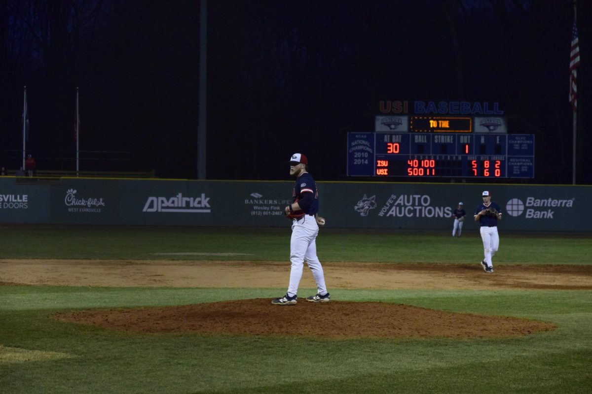 Brady Watts, junior pitcher, takes a breath before his pitch against Illinois State University Tuesday, March 3, at USI Baseball Field. (Photo by Anderson Schmidt)
