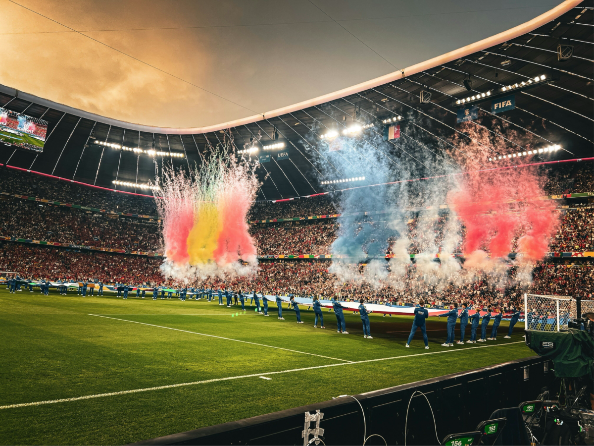 Pre-match theatrics are displayed before a knockout-stage matchup of the 2024 European Championship between Spain and France at Allianz Arena Sunday, Nov. 17, 2024 in Munich, Germany.