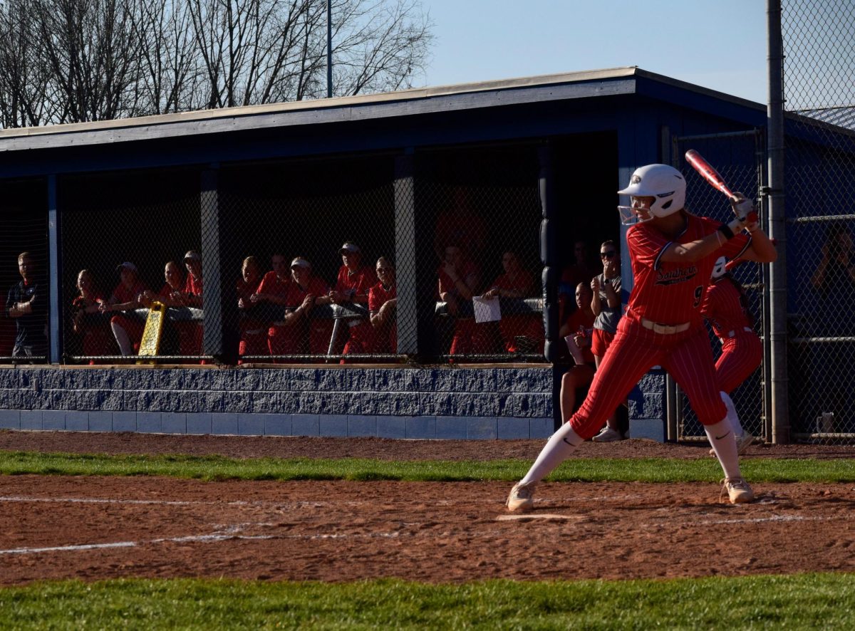 Lilly Brown, sophomore first baseman, stands at the plate during the game against Southeast Missouri State University Saturday, March 21 at USI Softball Field. (Photo by Anderson Schmidt)