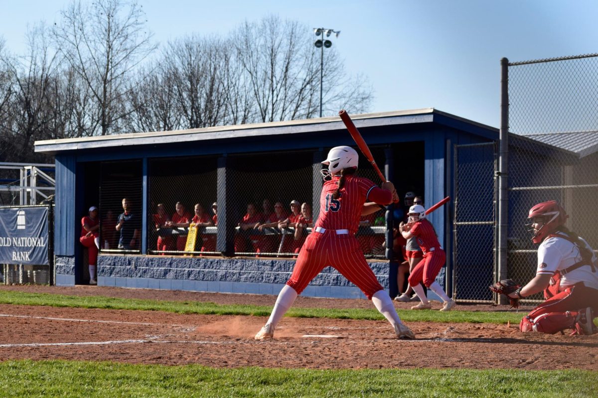 Sydney Long, junior infielder, prepares for a pitch during the game against Southeast Missouri State University Saturday, March 21 at USI Softball Field. (Photo by Anderson Schmidt)