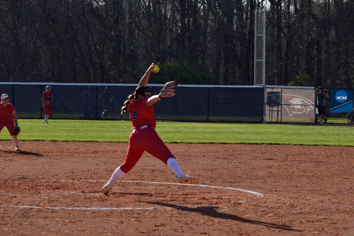 Kylie Witthaus, sophomore pitcher, winds up to pitch against Southeast Missouri State University Saturday, March 21 at USI Softball Field. (Photo by Anderson Schmidt)