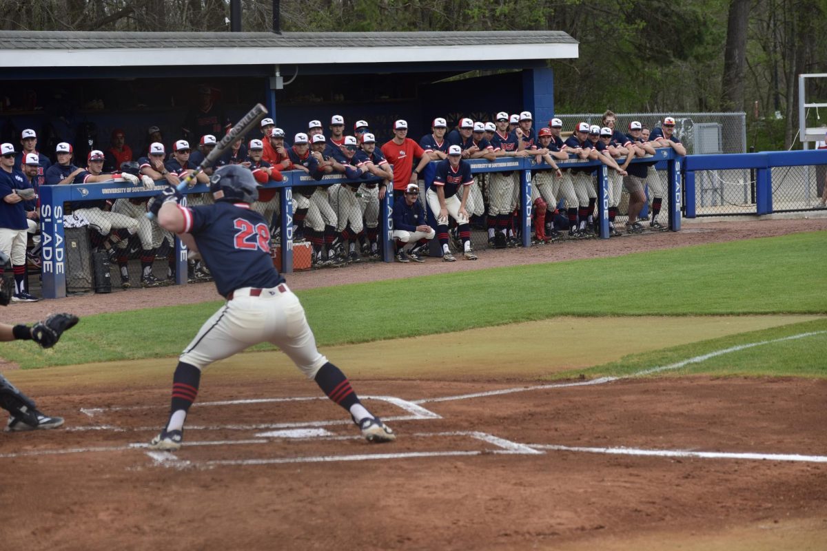 Parker Martin, junior infielder, awaits a pitch in the batters’ box during the game against Southern Illinois University Edwardsville Thursday, April 2, at USI Baseball Field.