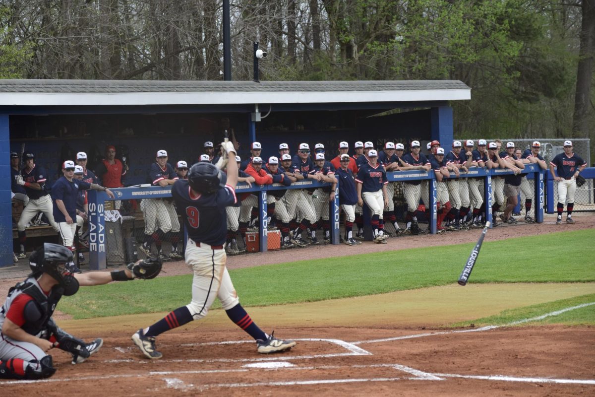 Clayton Slack, senior outfielder, breaks his bat swinging at a pitch during the game against Southern Illinois University Edwardsville Thursday, April 2 at USI Baseball Field. (Photo by Anderson Schmidt)