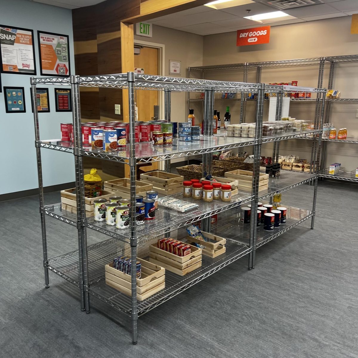 The revamped Archie’s Pantry includes color-coded zones to separate different items. Before relocation, students could access the pantry in the Recreation, Fitness and Wellness Center. (Photo by Cade Smithson)