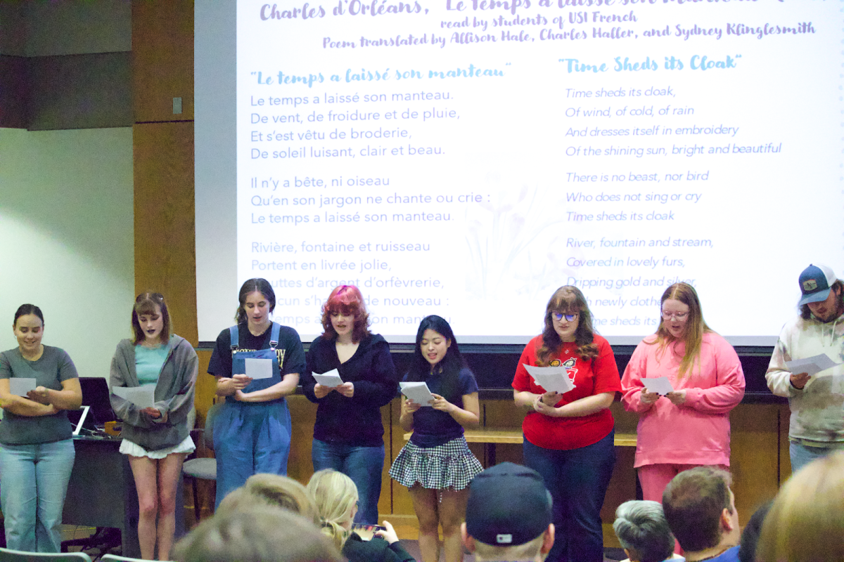 USI French students prepare to read French poetry during Senses of Time: Multilingual Poetry Reading 2026, Wednesday, March 25, in Kleymeyer Hall.
