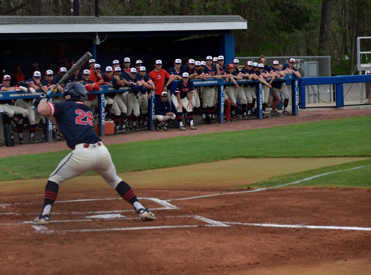 Parker Martin, junior infielder, awaits a pitch in the batters’ box during the game against Southern Illinois University Edwardsville Thursday, April 2, at USI Baseball Field.