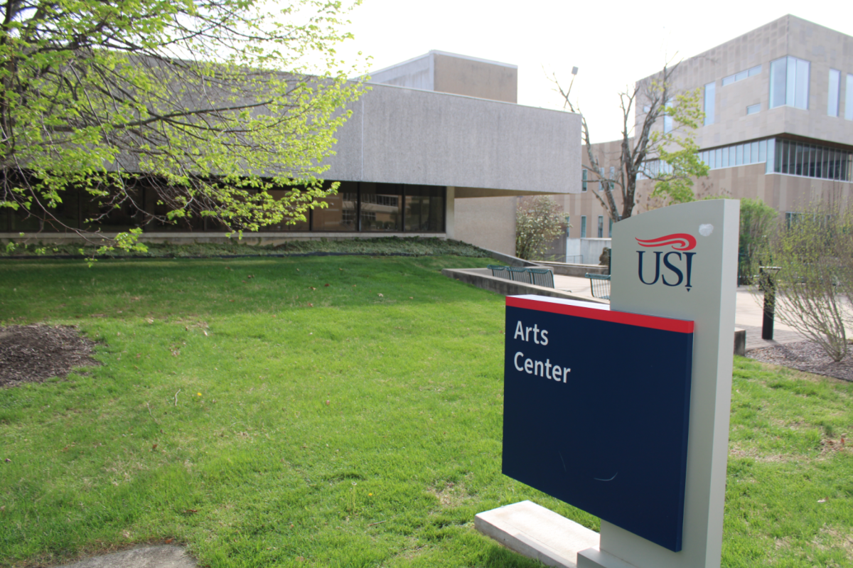 Main entrance of the Arts Center Friday, April 3. The Arts Center at the University of Southern Indiana is one of the smallest buildings on campus. Located next to the Business and Engineering Center, the art and design department offers a close-knit community. (Photo by Abigail Durham)