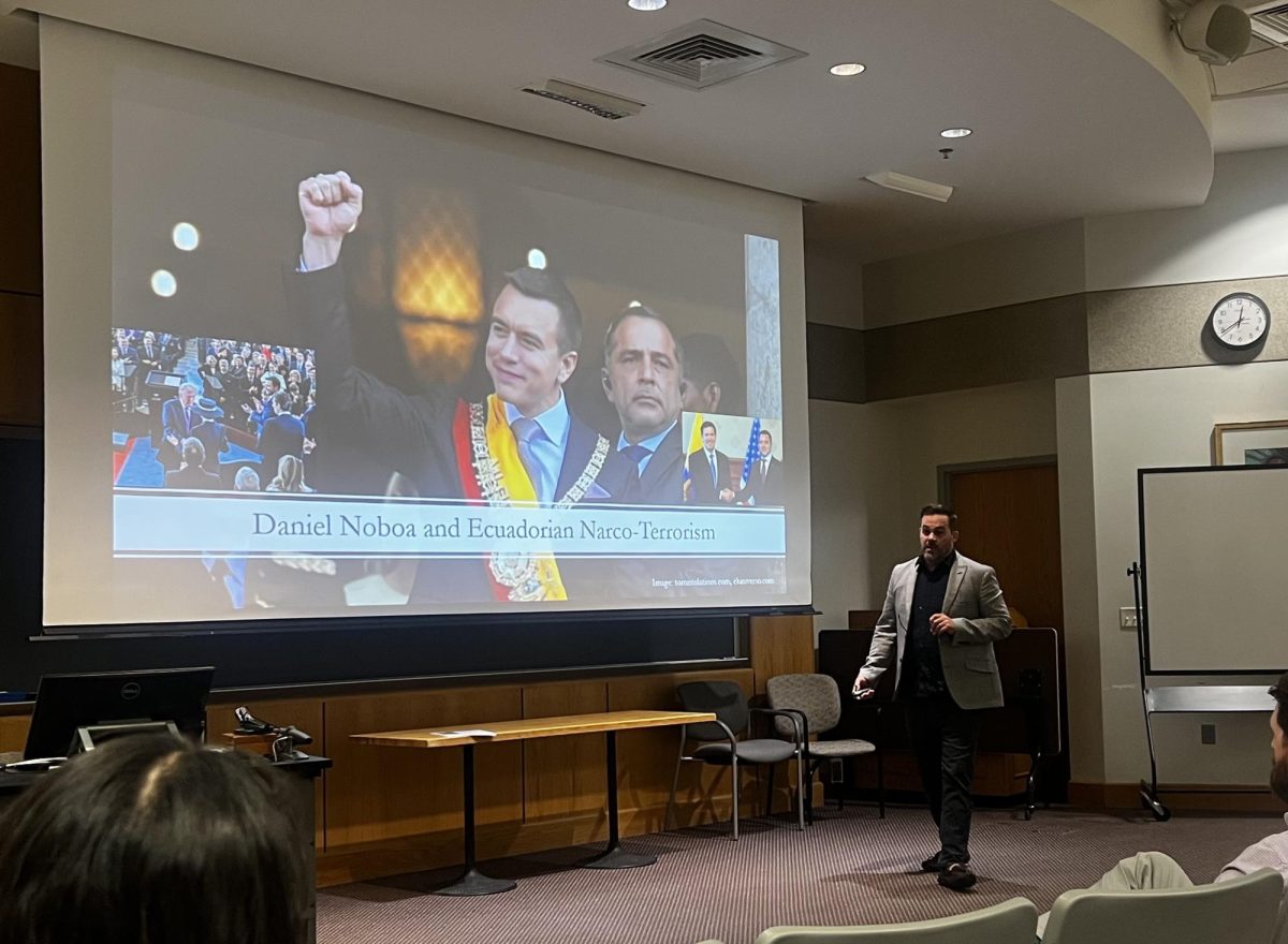 Daniel Bauer, professor of anthropology, presents “Ecuador: Tranquility, Terror, and South American Geopolitics” to explain major culture shifts in the South American country Friday, April 24, in Kleymeyer Hall. (Photo by Cade Smithson)