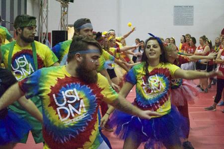 Junior exercise major Dylan Winklerr, senior marketing major Tyler Coffman and junior nursing major Rachal Sperka, dance for the kids during dance marathon on Saturday at the REC. Dance marathon is a 10 hour event to raise money for Rileys hospital.