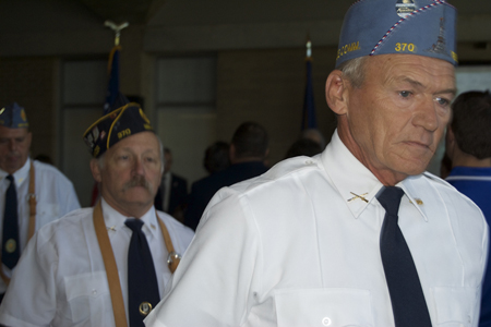 The Color Guard from the American legion in Mt. Vernon Indiana presents the flags during the Remember Our Fallen ceremony on Friday morning. The Remember our fallen 
memorial is a national touring display of veterans that have passed away in war. The one at USI is sponsored by Fifth Third bank and held on campus.