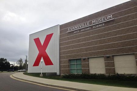 Evansville museum displays a red “X”on the side of the building to represent TEDx coming to the city, on Oct. 13.