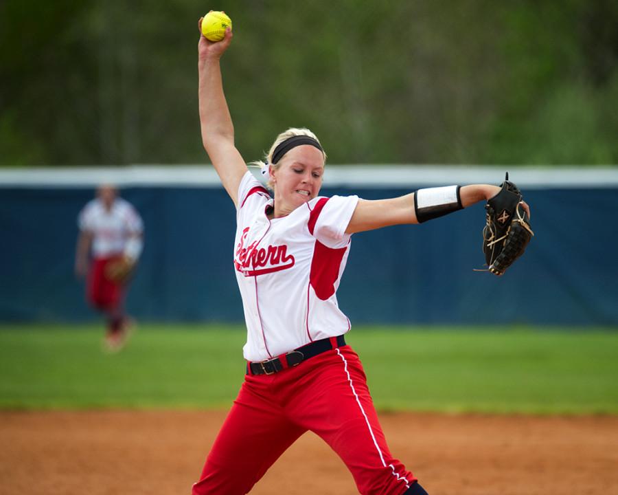 Pitcher Brooke Harmening winds up for a pitch during a game in 2015. Harmening is now a graduate assistant for the softball team while working toward her master’s in sports management.